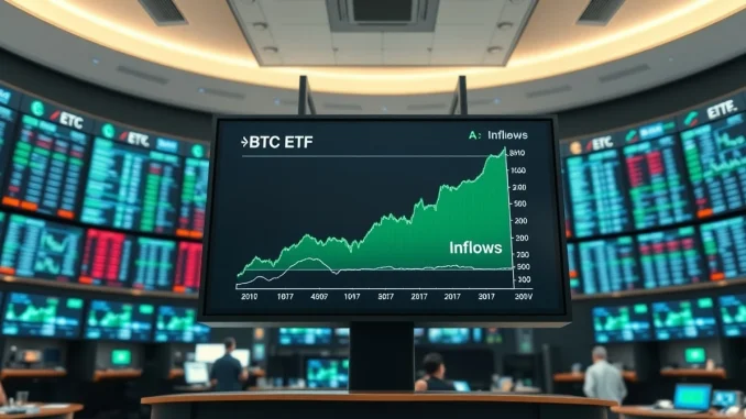 Digital display showing Bitcoin ETF inflow chart on a trading floor