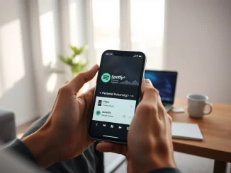 Person holding smartphone showing Spotify app with AI-generated personal podcast playlist