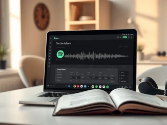 Spotify for Authors platform interface on a laptop with a book and headphones on a desk