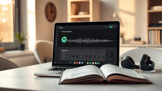 Spotify for Authors platform interface on a laptop with a book and headphones on a desk