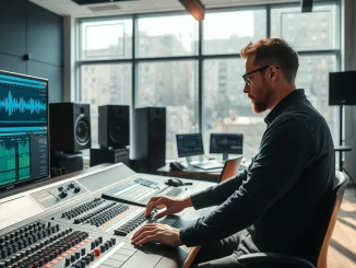 Music producer working with AI remix technology in a modern studio