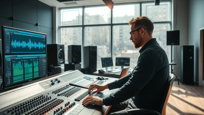 Music producer working with AI remix technology in a modern studio