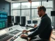 Music producer working with AI remix technology in a modern studio
