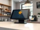 A point-of-sale terminal processing a Bitcoin payment in a retail setting.