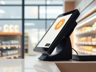 Square point-of-sale terminal enabling Bitcoin payments for merchants.