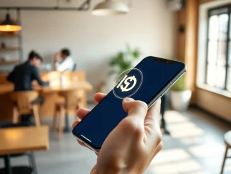 Hand holding smartphone displaying stablecoin payment interface with holographic crypto symbol