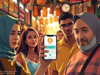 Stablecoins overtake Bitcoin in Latin America crypto purchases, with users transacting on smartphones in a market.