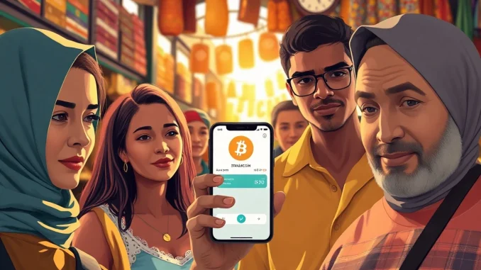 Stablecoins overtake Bitcoin in Latin America crypto purchases, with users transacting on smartphones in a market.