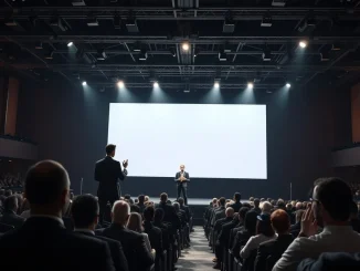 Founder presenting on stage at a tech conference with a large audience watching.