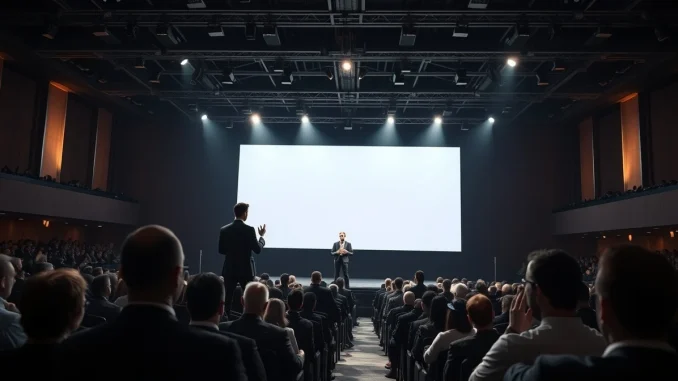 Founder presenting on stage at a tech conference with a large audience watching.