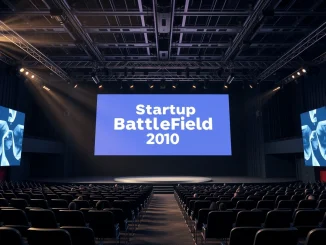 Empty stage at TechCrunch Disrupt with Startup Battlefield branding on screen