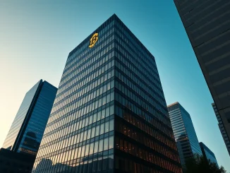 Corporate headquarters building at dusk with a subtle Bitcoin symbol glowing in a window, representing Strategy's Bitcoin treasury strategy.
