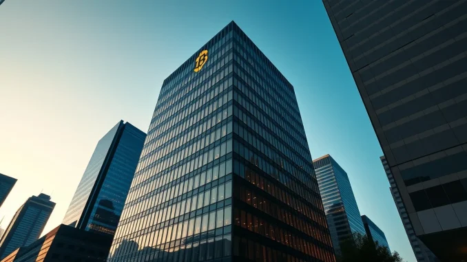 Corporate headquarters building at dusk with a subtle Bitcoin symbol glowing in a window, representing Strategy's Bitcoin treasury strategy.