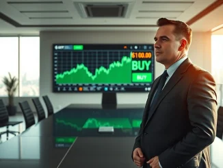 Executive in modern boardroom viewing Bitcoin price chart with buy signal