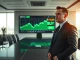 Executive in modern boardroom viewing Bitcoin price chart with buy signal