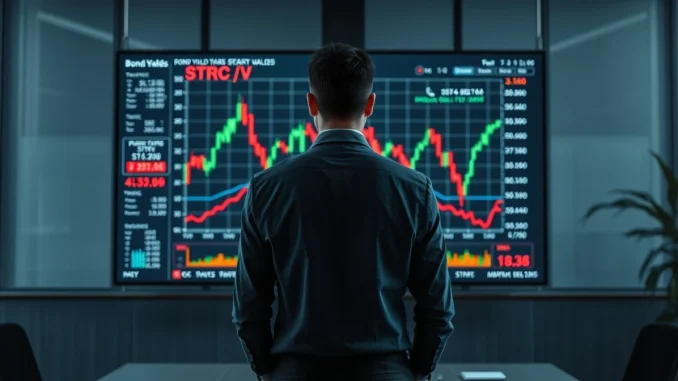 Financial analyst monitoring STRC stock performance on a digital screen
