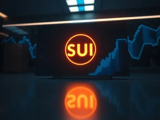 Sui crypto SUI token symbol on a digital display with blue and orange lighting for a financial news article.