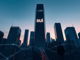 Futuristic city skyline with digital network lines representing the Sui blockchain network