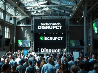 Crowd at TechCrunch Disrupt 2026 conference hall with stage and logo visible