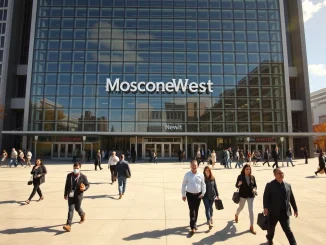 Moscone West convention center in San Francisco, venue for TechCrunch Disrupt 2026, with attendees entering on a sunny day.