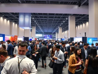 Attendees networking at a large tech conference hall with exhibition booths and stage lighting.