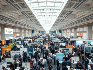 Crowded expo hall at TechCrunch Disrupt conference in San Francisco