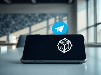 Telegram app icon next to TON blockchain network graphic on a desk, representing validator integration.
