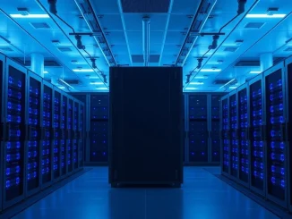 Interior of a large data center with rows of server racks and blue lighting