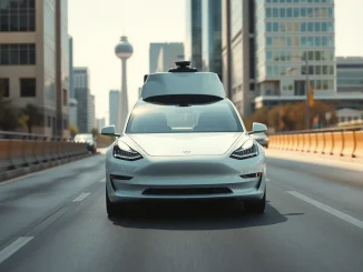 A Tesla robotaxi driving autonomously with empty front seats on a Dallas street.