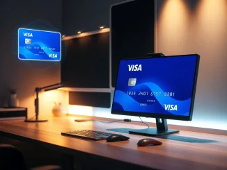 Oobit AI agent Visa card interface on a monitor in a modern office setting