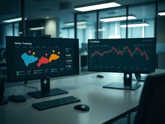 Newsroom monitors showing Tether USDT freeze tracker and Coinbase stock chart
