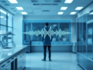 Holographic interface showing real-time voice interaction in a modern AI research lab