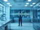 Holographic interface showing real-time voice interaction in a modern AI research lab