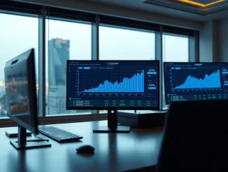 Financial trading desk monitors showing tokenized real-world asset market growth chart with 420% increase