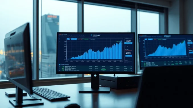 Financial trading desk monitors showing tokenized real-world asset market growth chart with 420% increase