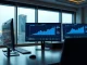 Financial trading desk monitors showing tokenized real-world asset market growth chart with 420% increase