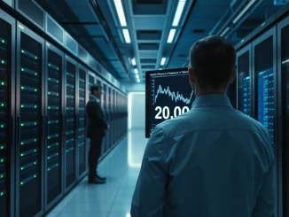 Financial analyst reviewing Ethereum purchase data in a modern data center, representing institutional cryptocurrency investment.