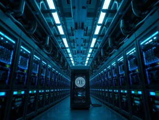 Interior of a large-scale cryptocurrency mining facility with rows of mining rigs and cooling systems.