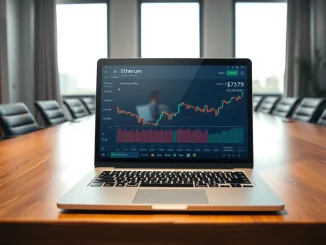 Laptop displaying Ethereum charts and wallet balance in a professional boardroom setting