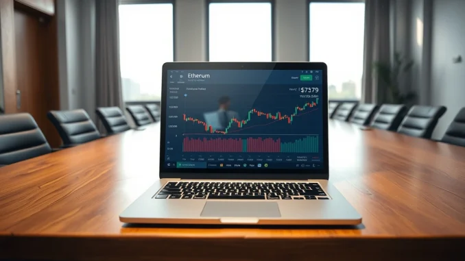 Laptop displaying Ethereum charts and wallet balance in a professional boardroom setting