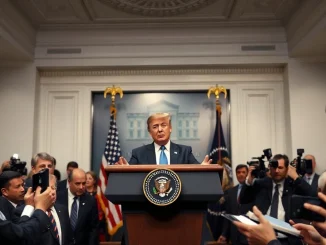 President Donald Trump at a White House press conference, delaying an AI security executive order.