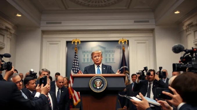 President Donald Trump at a White House press conference, delaying an AI security executive order.