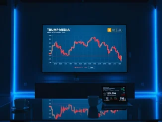 Financial office interior with Bitcoin price chart showing decline and Trump Media branding on digital display