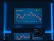 Financial office interior with Bitcoin price chart showing decline and Trump Media branding on digital display
