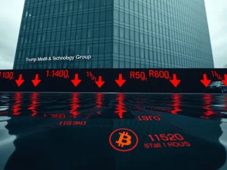 Trump Media headquarters building with stock ticker showing losses, reflecting financial downturn from crypto investments.
