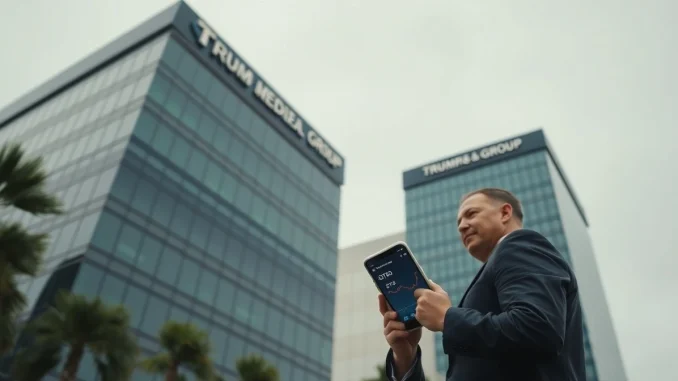 Trump Media headquarters building with a person looking at a smartphone showing a Bitcoin chart and ETF symbol.