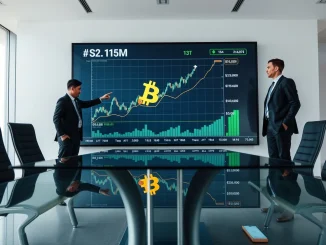 Boardroom meeting with Bitcoin chart and three business executives discussing merger deal