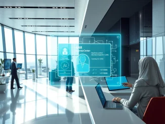 Modern business center in Ras Al Khaimah with digital blockchain identity interface overlay