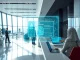 Modern business center in Ras Al Khaimah with digital blockchain identity interface overlay