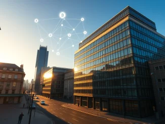 London financial district with digital blockchain network overlay representing tokenized assets